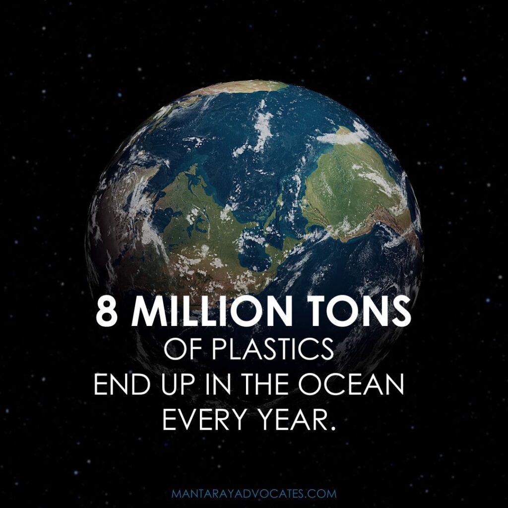 Picture of the globe with the words "8 million tons of plastics end up in the ocean every year".