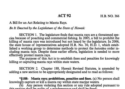 Protecting Manta Rays in Hawaii: Act 92 (2009)