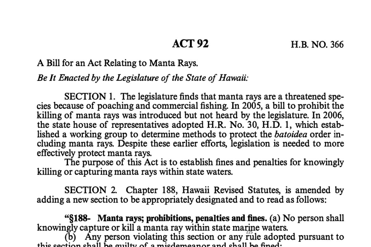 Act 92 – H.B. NO 366 – State of Hawaii manta ray legislation 2009 Screenshot of Act 92 legislation to protect manta rays, issued by the State of Hawaii in 2009