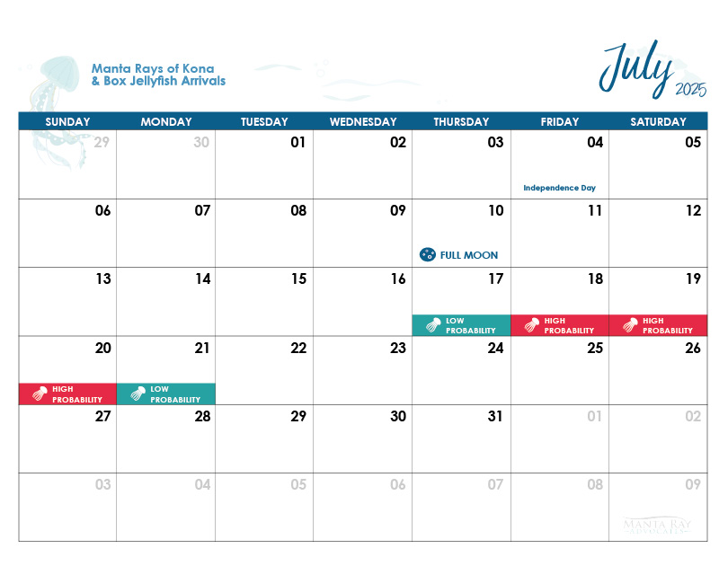 July 2025 Calendar Page highlighting the high probability of box jellyfish on the 18th, 19th, and 20th